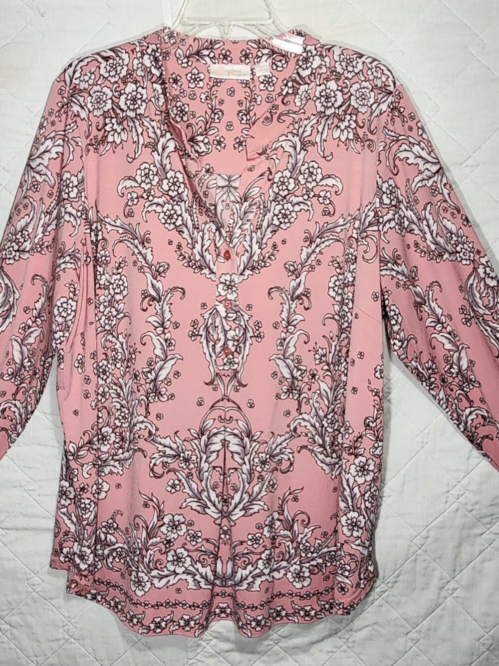 Belle by Kim Gravel Top Pink Floral Half Button Down Top, 1X